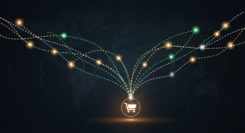 Glowing shipping routes converging into a Shopify cart node on a dark world map